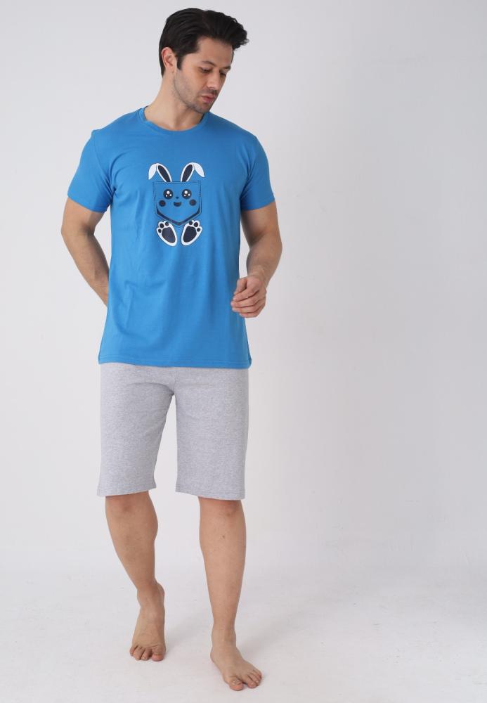 Pijama barbat cu maneca scurta si pantaloni 3/4, culoare albastru , Engros